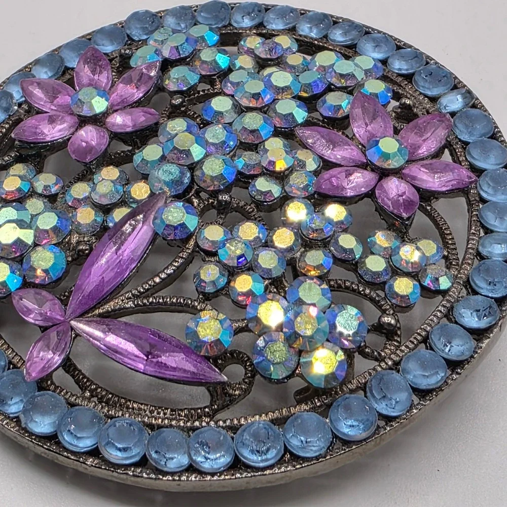 Vintage Style Floral Round Brooch AB Rhinestone Purple Blue Crystal Pin‎ 2 Inch
